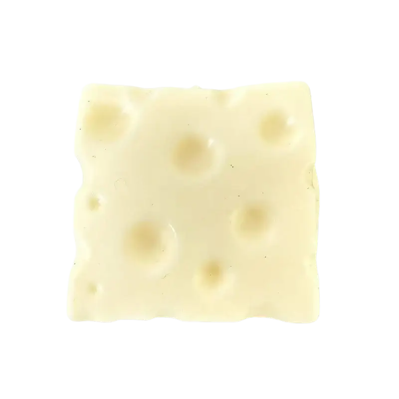 A pale yellow square stress relief cheese squishy toy with textured raised holes viewed from the front