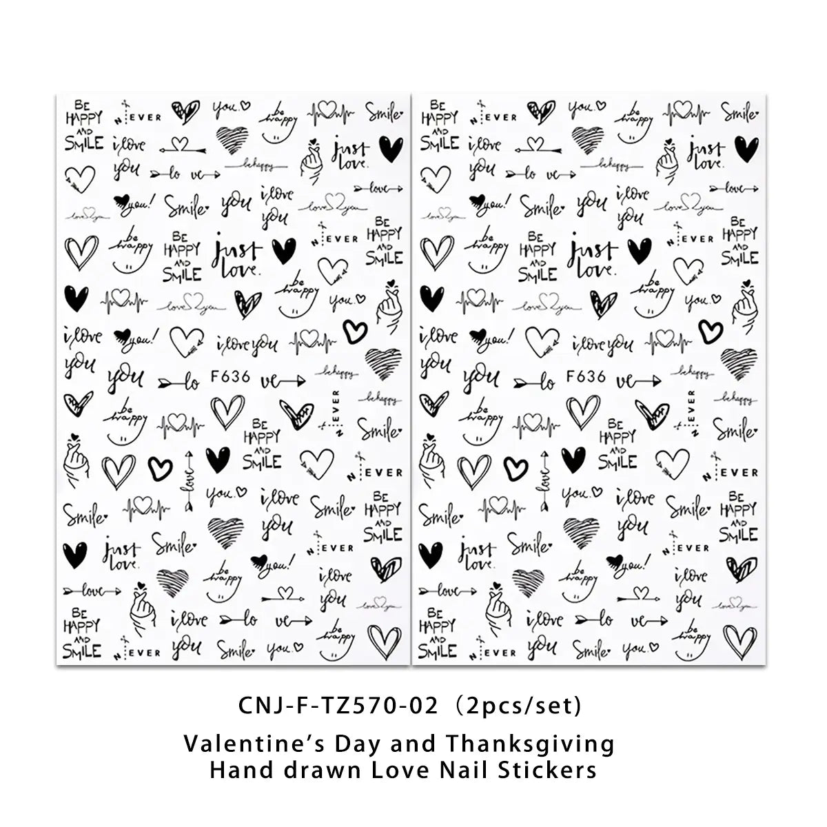 Pegatinas para uñas de amor negras dibujadas a mano, con corazones, frases como «I love you» y garabatos sobre un fondo blanco para pegatinas de uñas de San Valentín con amor, flores y arte DIY.