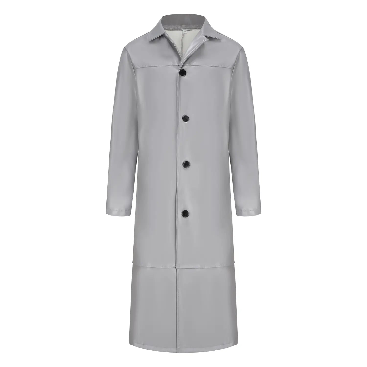 Un élégant trench-coat long en cuir gris clair pour homme, avec col classique et boutons noirs, faisant partie de la collection longues vestes en cuir goth.