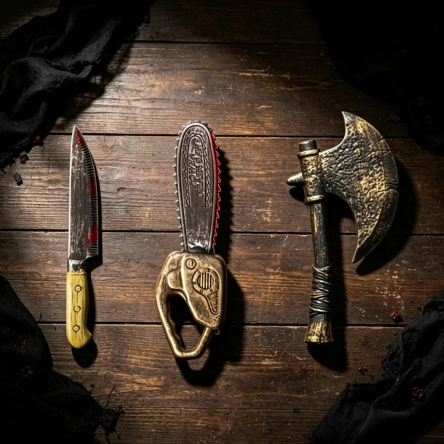Halloween Haunted House Costume Props, Unsharpened Plastic Bloody Knife, Chainsaw, Bronze Axe—Festival Horror-Themed Accessories