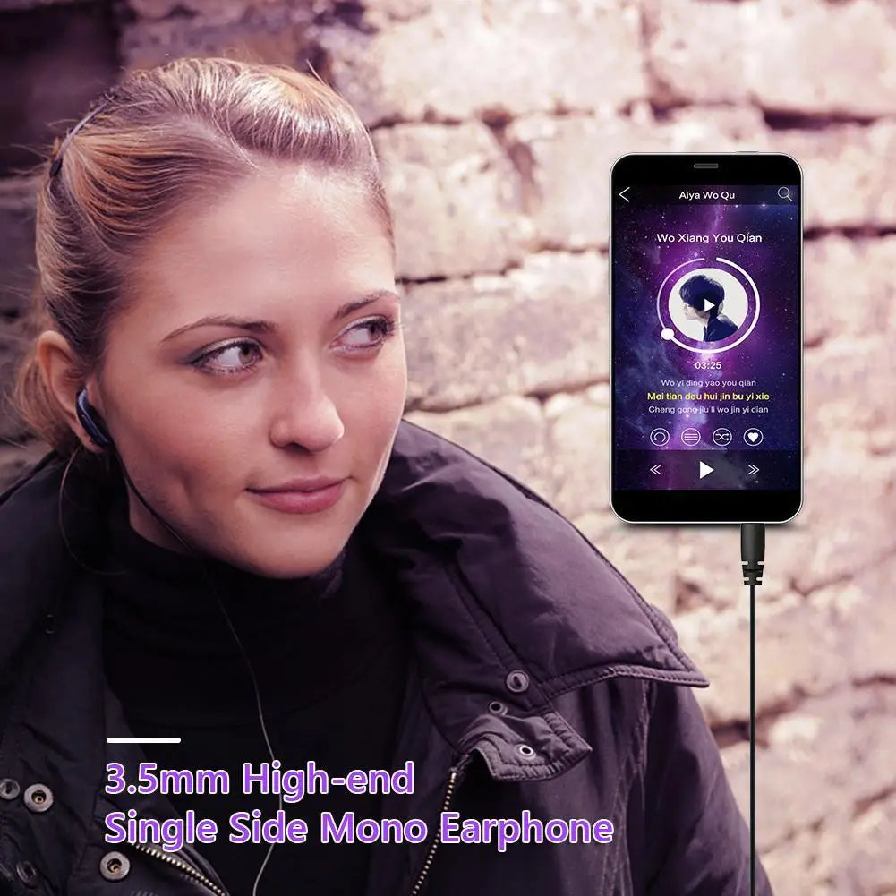 black 3.5mm walkie talkie single sided mono earphone with a sleek minimalist design and soft touch finish.