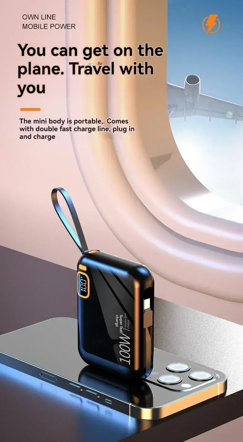 Black and gold power bank quick charge with 100w fast charging capability, sleek rectangular design, 20000mah capacity, built-in cable, and integrated wrist strap.
