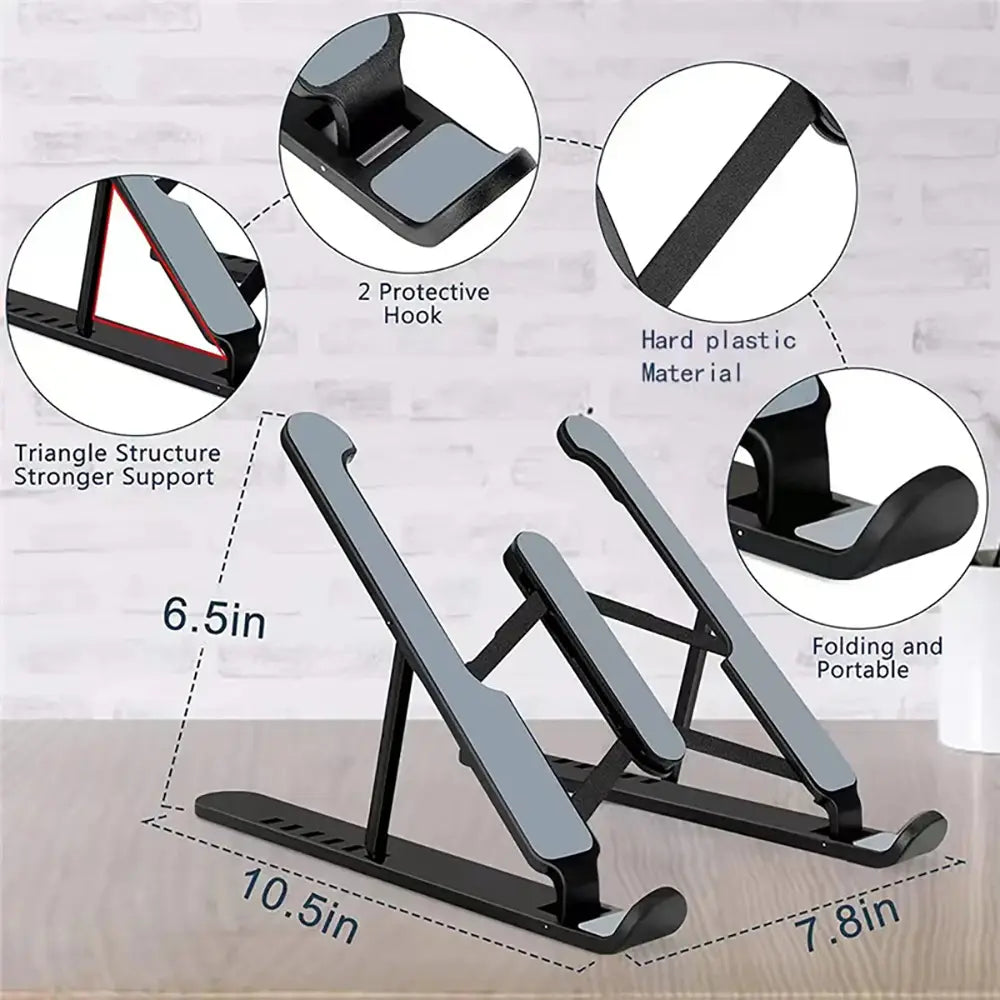 Support pour ordinateur portable pliable et réglable en plastique rigide noir et gris, avec support ergonomique et design pliable.