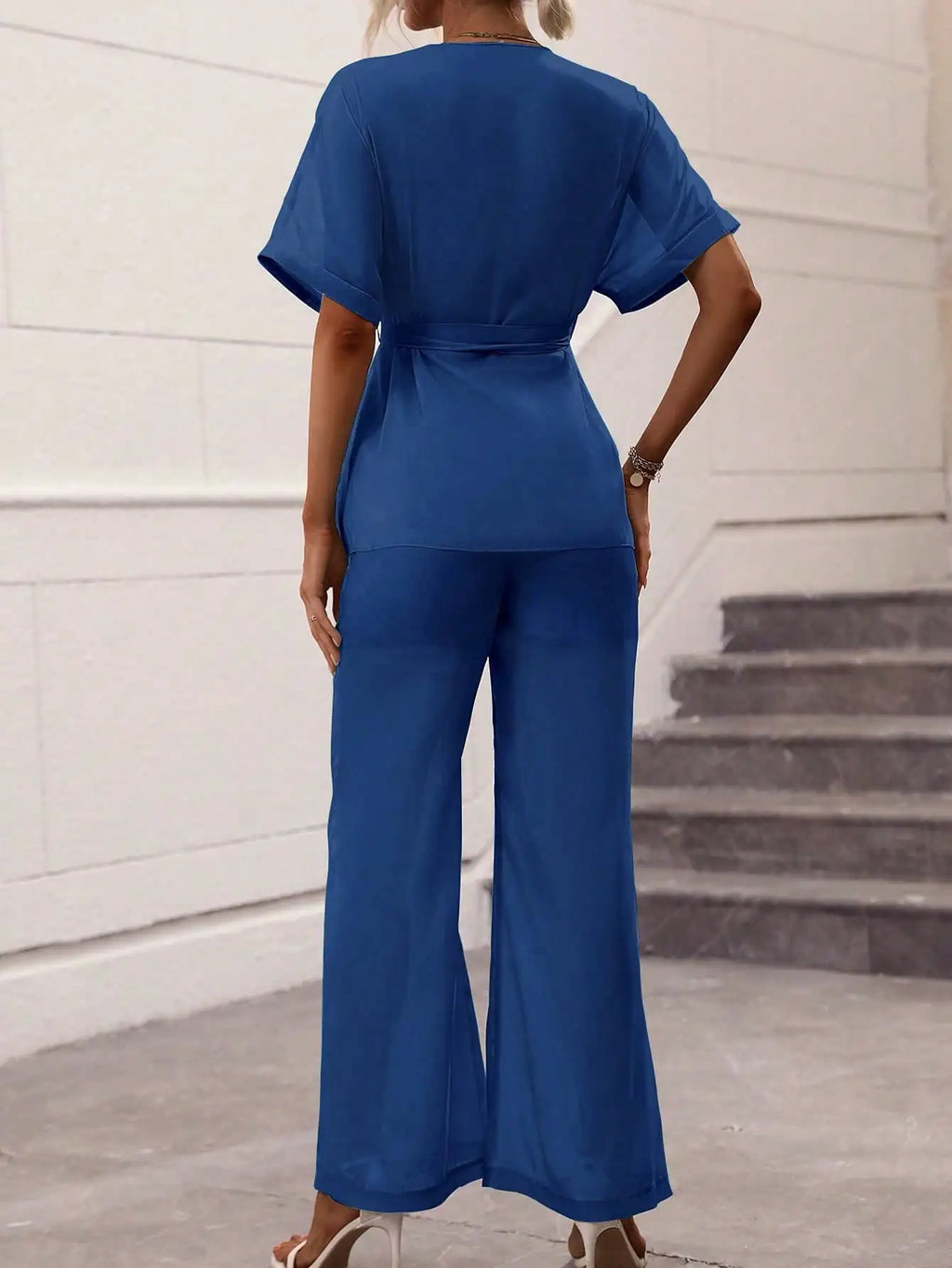 Women's 2-Piece Outfit, Elegant Wrap V-Neck Blouse and Wide Leg Pants, Casual Short Sleeve Loungewear Set For Ladies