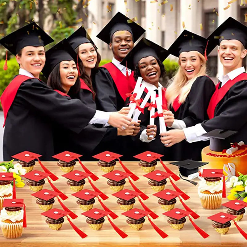 Cupcakes con temática de birrete de graduación rojo y negro, con bases de chocolate, glaseado blanco y borlas decorativas, para decoraciones de chocolate y caramelos de birrete de graduación 2025.