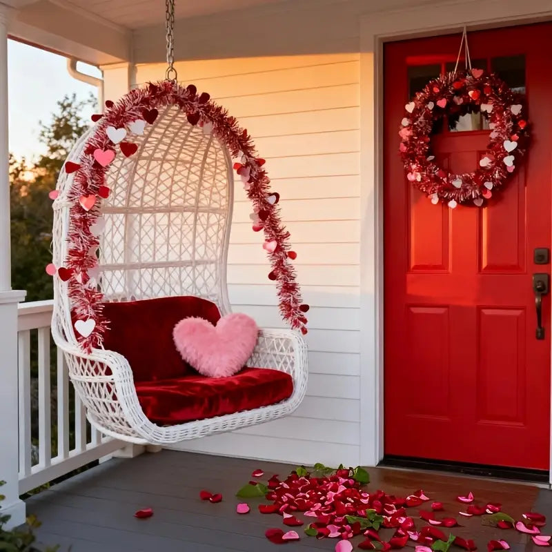A white wicker hanging chair with red velvet cushion and pink heart pillow is styled alongside a red pink metallic heart tinsel garland for Valentine decor.