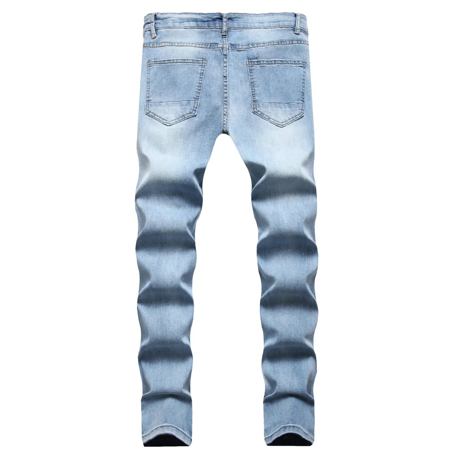 Männer rissen schmale Jeans aus hellwaschendem Denim mit Slim-Fit-Schnitt und dezenten Waschungen entlang der Oberschenkel.