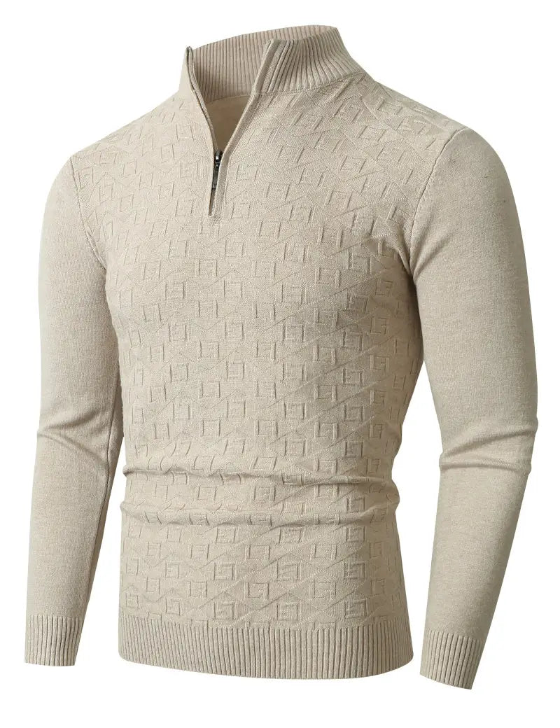 plus size mens beige textured knit sweater with half zip collar and geometric pattern