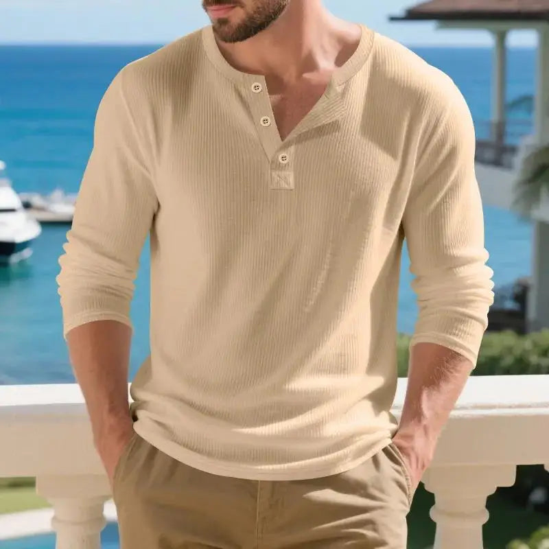 Men's T Shirt Spring Button Long Sleeve Henley Neck T-Shirt Solid Color Casual Breathable Versatile Tops Fashion Slim T-Shirts