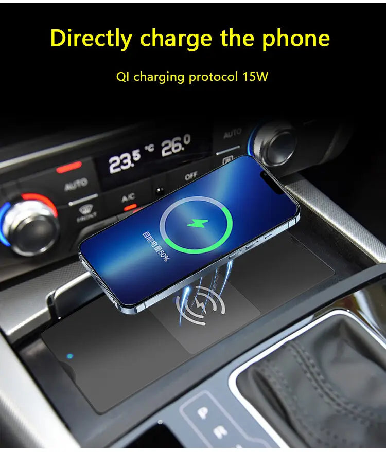 A sleek black wireless car charger pad with 15w qi charging protocol designed for direct use in Audi A6 C7 Rs6 S7 and Rs7 models.