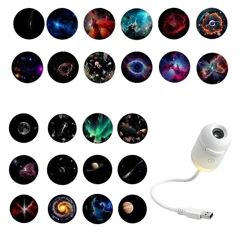 White usb-powered 2-in-1 galaxy projector light with textured grip and illuminated power button for night light use