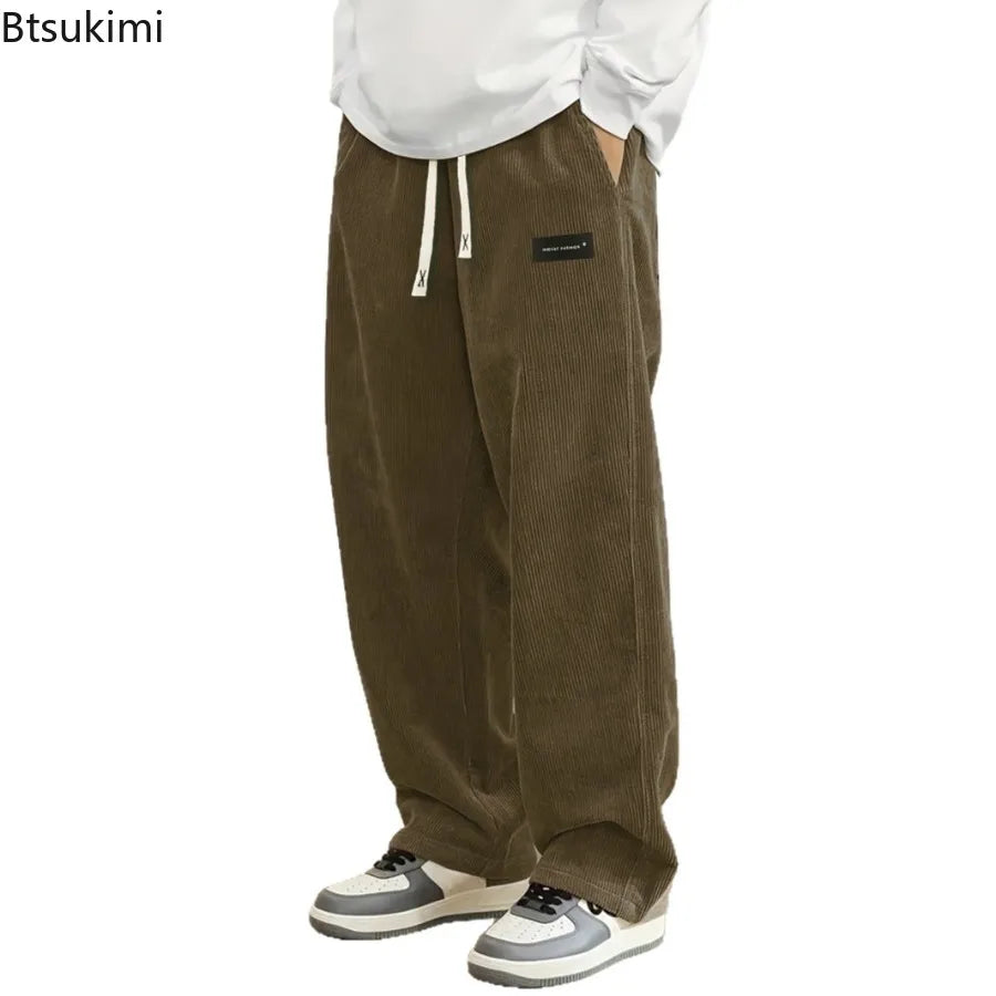 New Men's Comfortable Casual Pants Spring and Autumn New Style Loose Fit Velvet Fabric Solid Color Loose Long Trousers for Men