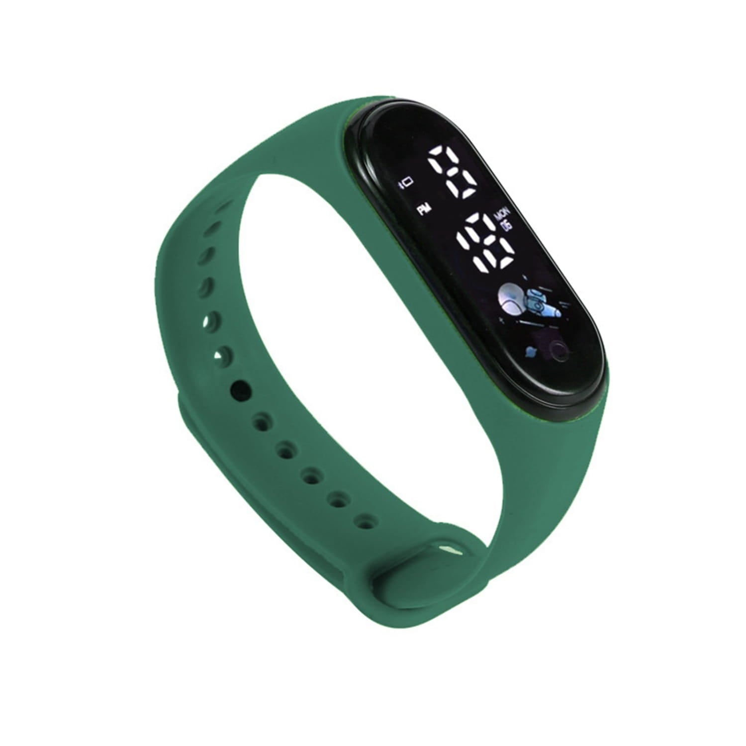 Green silicone wristband kids digital led silicone sports watch with a black digital display showing time and date.