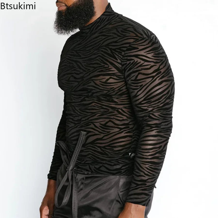 Men's T Shirt Perspective Turtleneck Long-sleeved Lace Tight Fitting T-shirt for Men Streetwear Bottoming Shirt Inside Male Tops