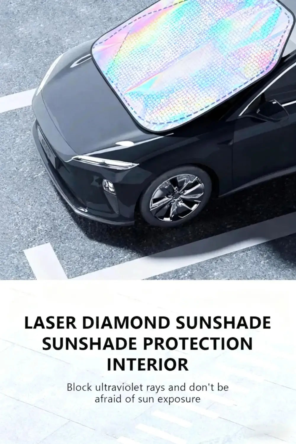 Iridescent holographic laser diamond car windshield sun shade with mesh texture and five-layer UV protection designed for interior car use.