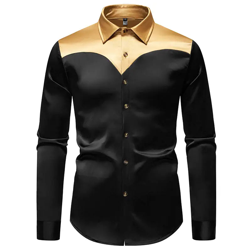 Herrenhemd mit goldfarbenem Besatz aus Satin mit einem schwarzen und goldfarbenen Satin-Knopfhemd-Design, mit kontrastierenden Color-Block-Details.