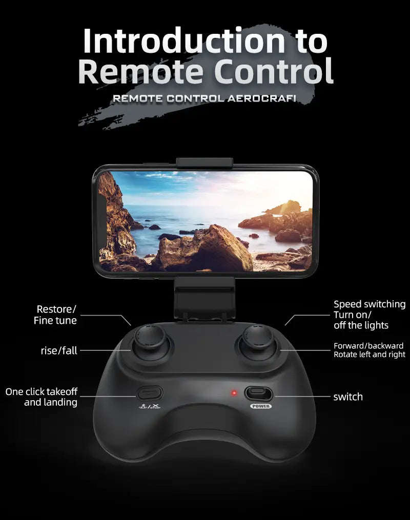 Mando a distancia de plástico negro con dos joysticks, un botón de encendido y botones de despegue y aterrizaje con etiquetas, para fotografía aérea y para el desarrollo de habilidades en un juguete de helicóptero teledirigido de fotografía aérea HD.