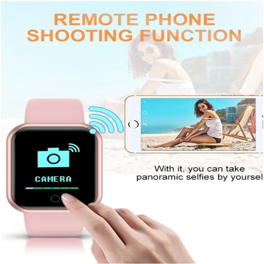 pink y68 fitness smart watch with bluetooth color screen and matching band displaying a camera icon, compatible with mobile phone wireless connection after download app firstly.