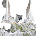 White sheer spiderweb garland with black plastic spiders for halloween party decorations and super stretch cobwebs