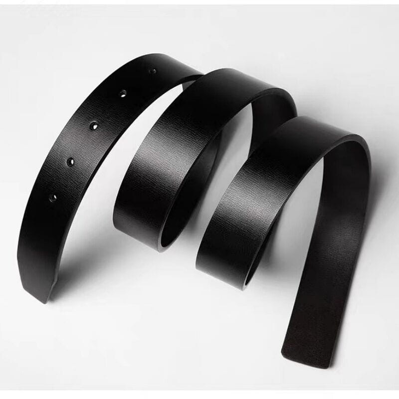 Men leather belt classic pin buckle business casual featuring black leather strips with a smooth matte finish and evenly spaced metal eyelets.