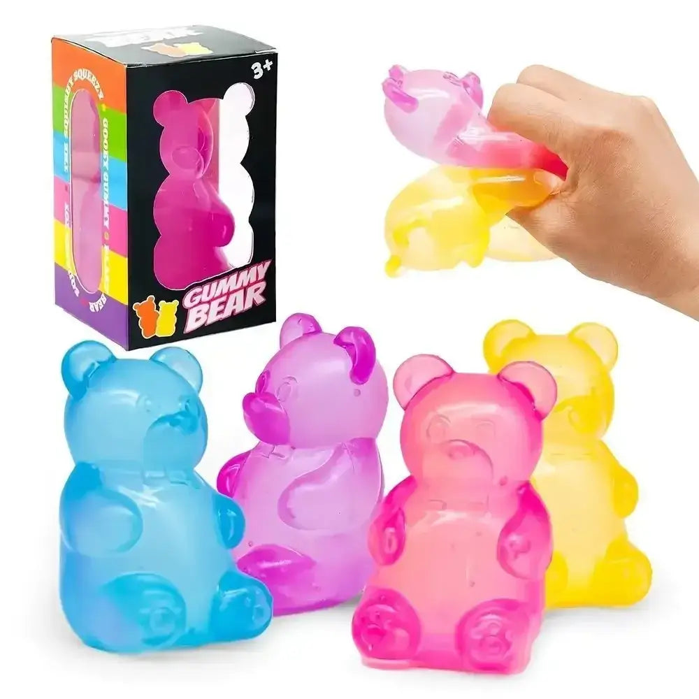 Lot de boule anti-stress souple et jouet sensoriel composé d’un ours en gélatine multicolore translucide bleu, rose et jaune, conçu pour soulager le stress.