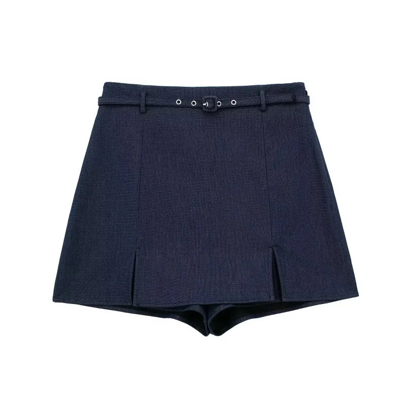 Women’s Summer Cool Daily Navy Blue Shorts With Matching Decorative Belt School Commute Outfit