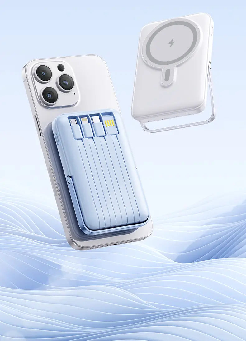 Funda para teléfono color azul claro con puertos de carga integrados y cargador inalámbrico blanco desmontable, que muestra la función de banco de energía de la carga inalámbrica magnética rápida con banco de energía y soporte.