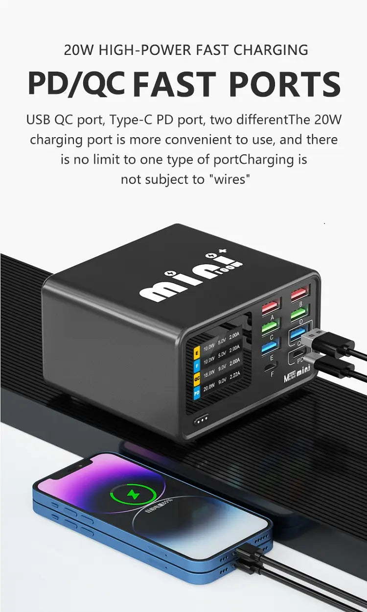 Black rectangular 20w fast charging block with multiple USB ports and type-c PD port branded mini in the charging station 100w USB multi port digital display for desktop use.