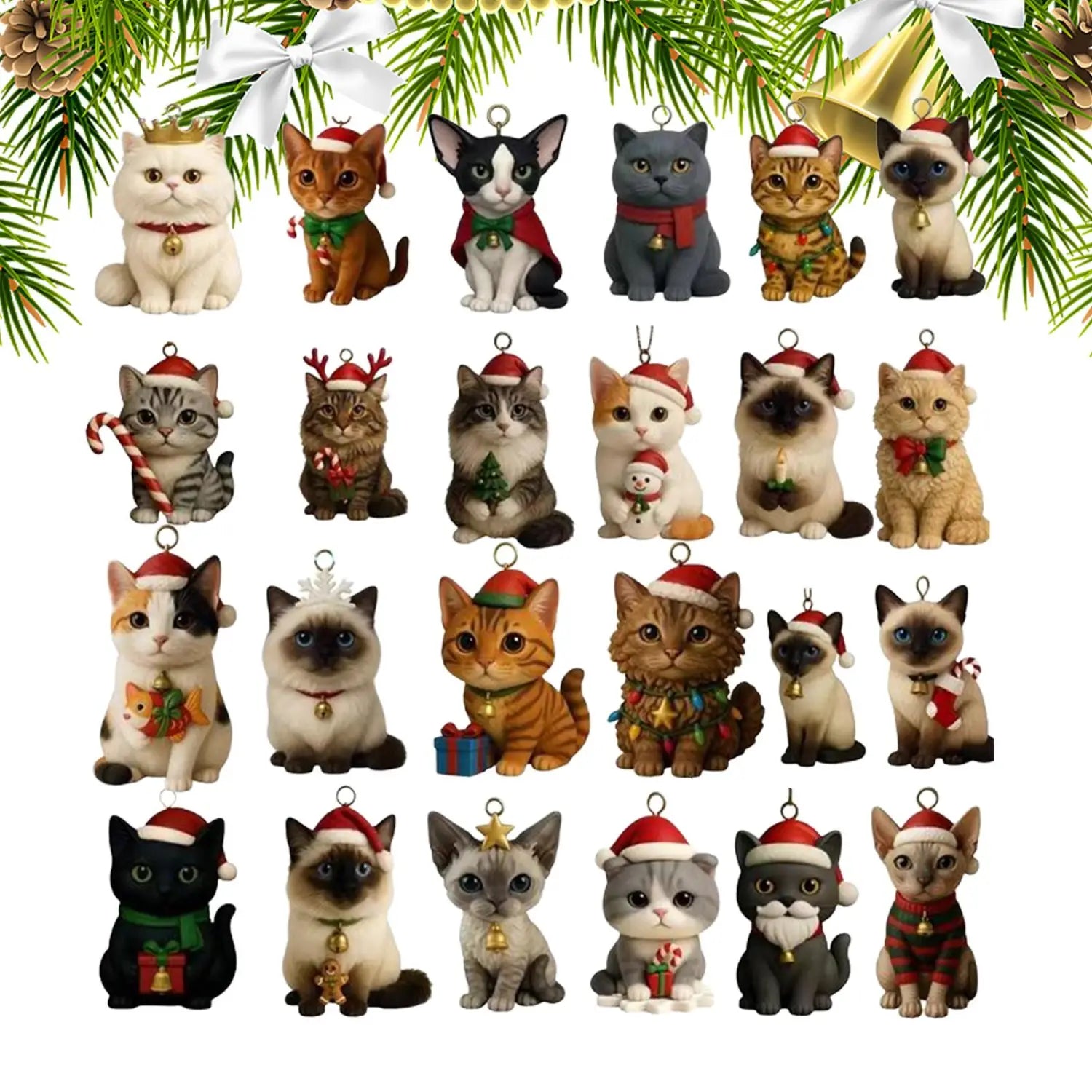 una colección de adornos festivos de árbol de gatos acrílicos para Navidad, con texturas detalladas del pelaje y accesorios navideños como sombreros de Santa, bufandas, bastones de caramelo y regalos para una cuenta atrás de Navidad.