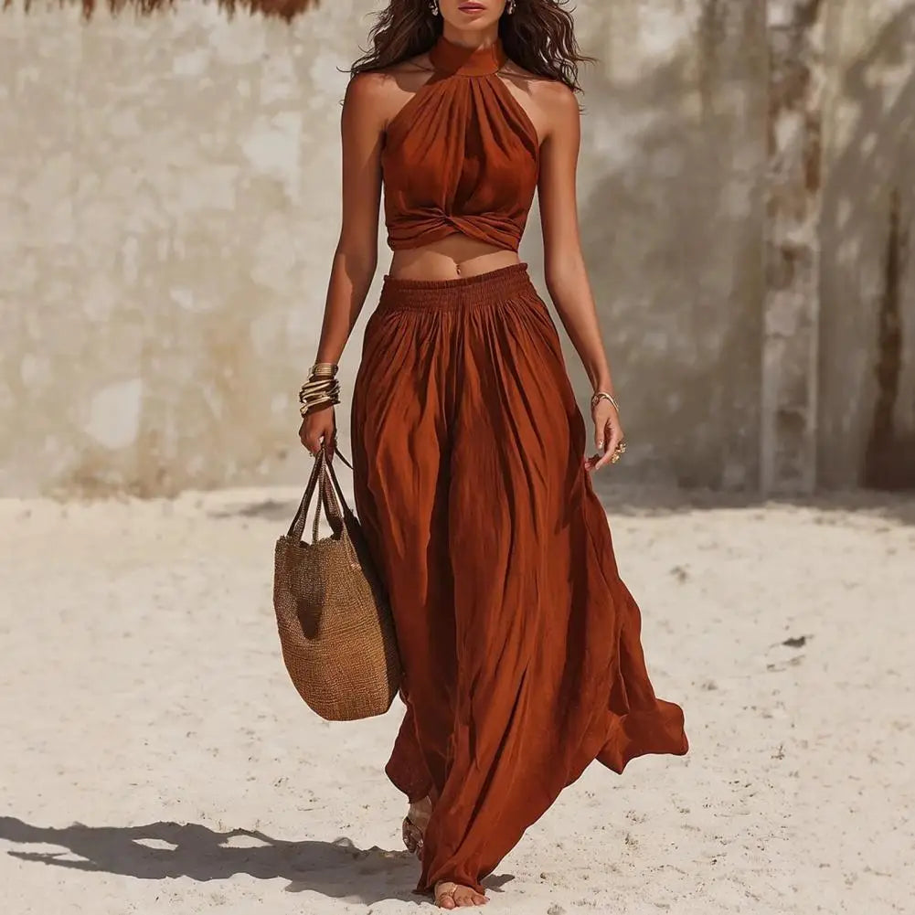 Women's 2 Piece Outfits, High Neck Halter Sleeveless Top And Wide Leg Pants Women's Summer Matching Set Summer Vacation Outfits