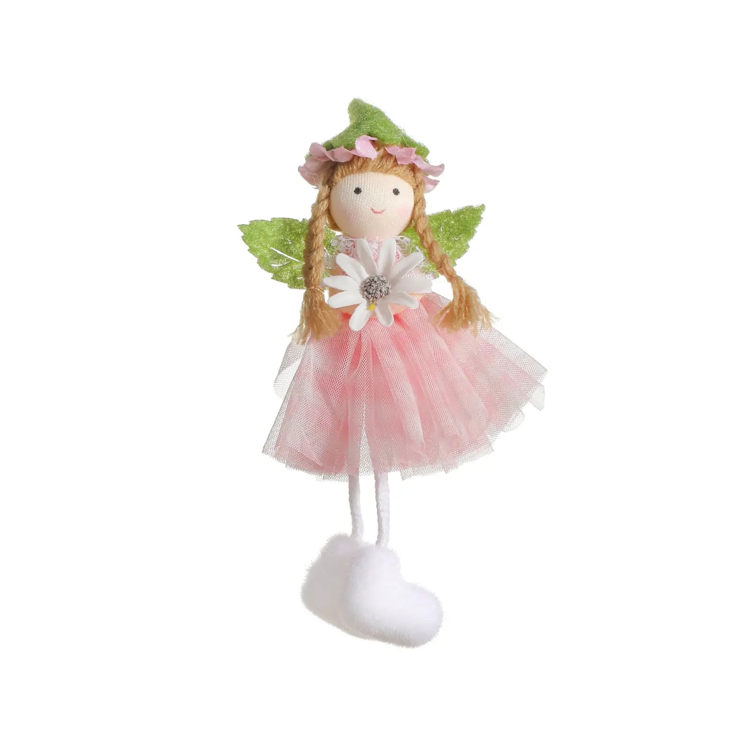 A delicate pink Easter fairy hanging ornament with green leaf wings, a sheer tulle skirt, a matching hat, and holding a white daisy.