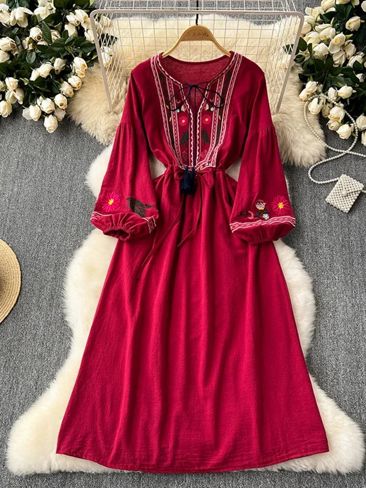 2026 New Spring Autumn Vacation Retro Ethnic Embroidery Dress Lantern Long Sleeve Waist Bohemian Dress A157