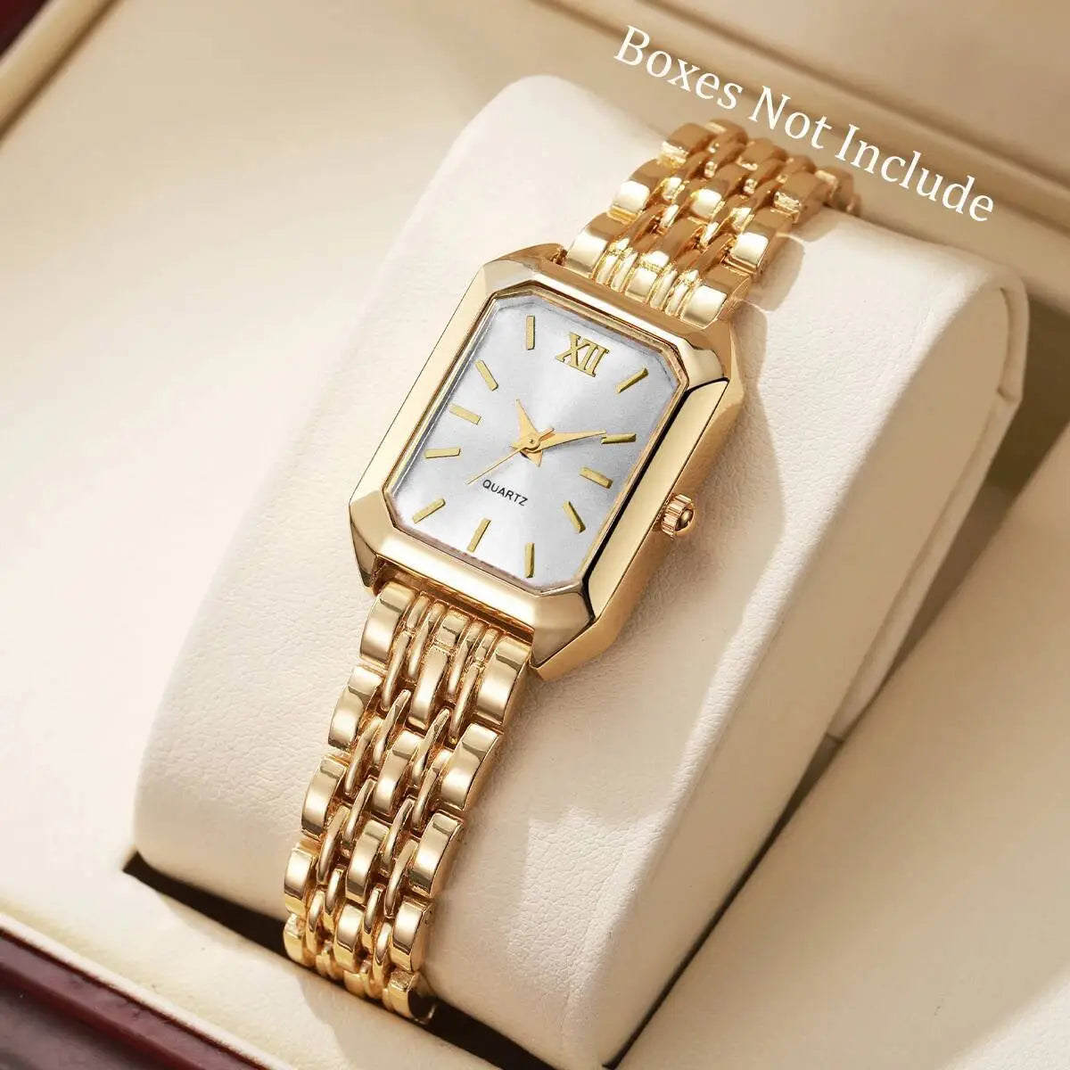 Women gold rectangle quartz watch with a white dial roman numeral hour markers and an interlocking metal bracelet mesh strap
