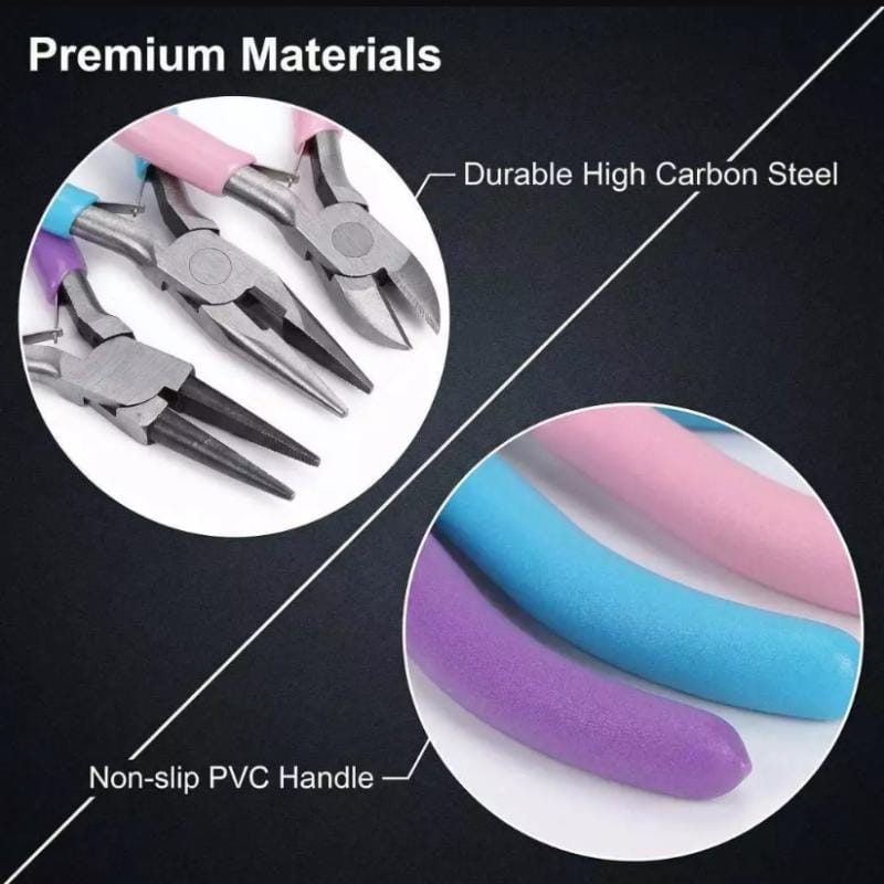 Ensemble de trois pinces à bijoux avec des têtes en acier au carbone de haute durabilité et des poignées en PVC antidérapantes dans les tons rose, bleu et violet, conçues pour le travail et les réparations.