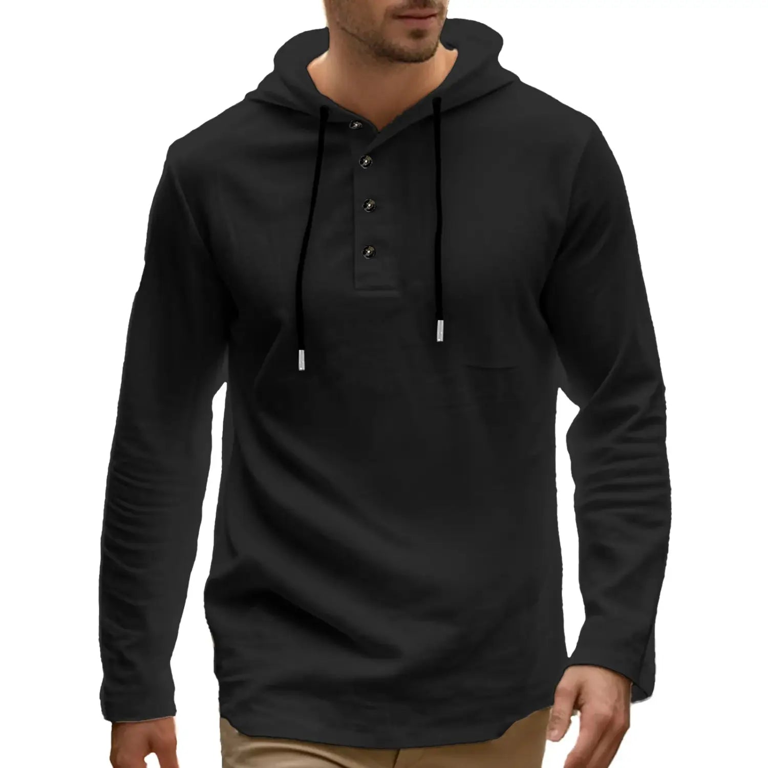 Men cotton linen hooded henley shirt in black with long sleeves buttoned front and drawstring hood.