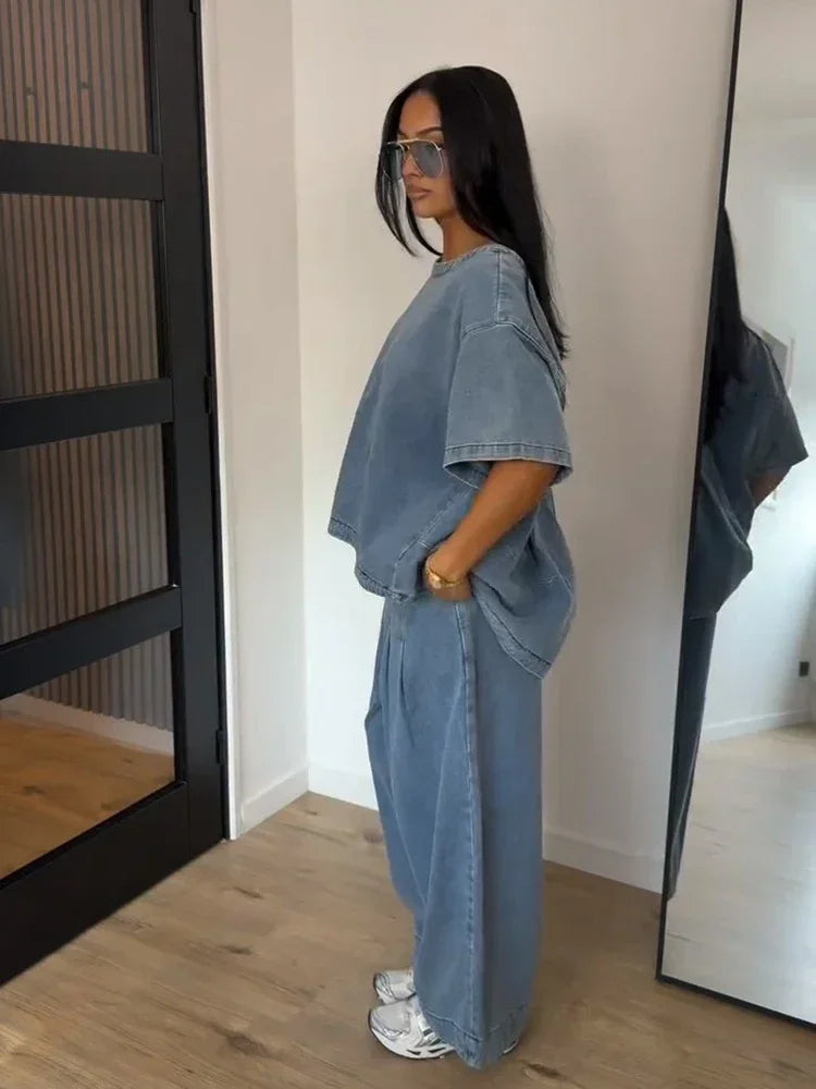 Casual Denim Blouse Trousers Suit Women Blue Half Sleeve O-Neck Top Pleated Tops Wide Leg Pants Set Female Autumn Chic Lady Sets
