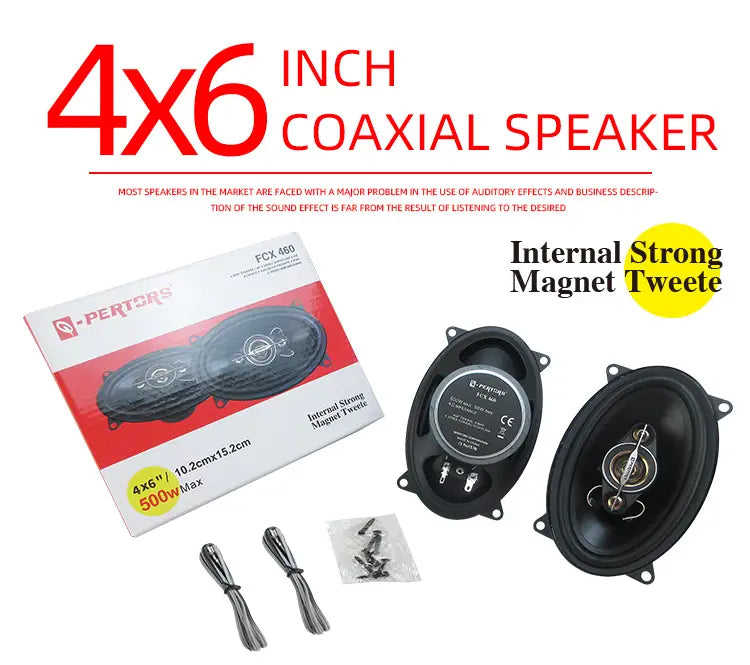 Schwarze 4x6-Zoll-Koaxial-Autolautsprecher mit elegantem ovalem Design und internem starkem Magnet-Hochtöner von Pertors FCX 460 mit einer Audioleistung von 500 W