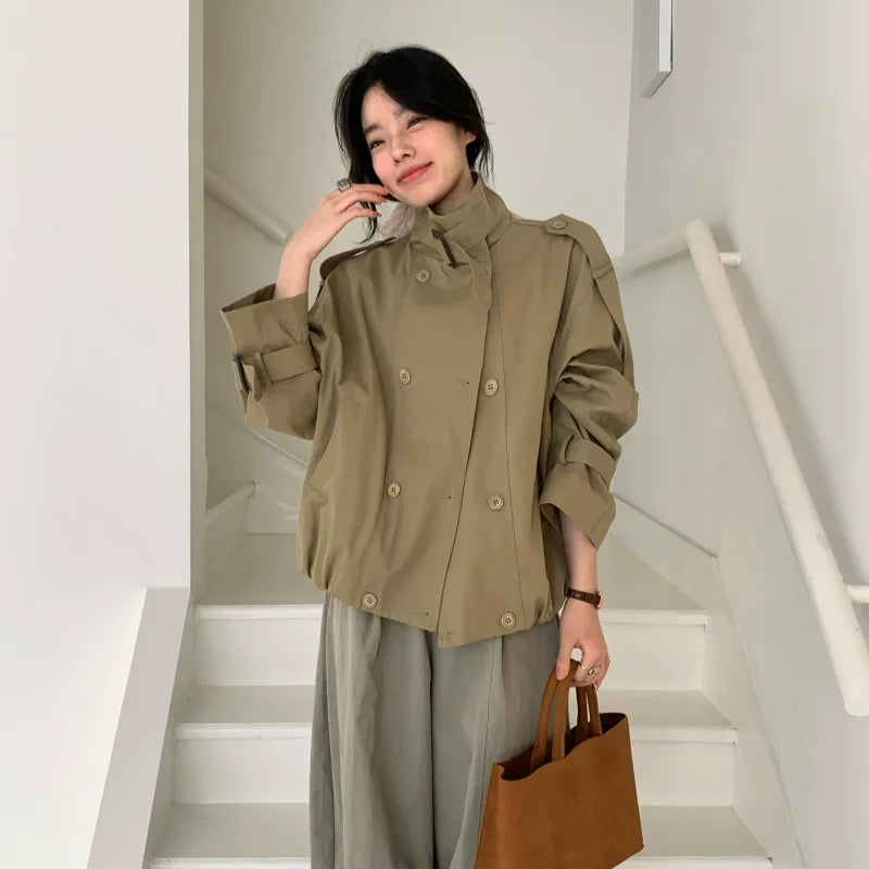 Women's Loose Short Trench Coat Solid Stand Collar Double Breasted Cropped Windbreaker 2026 New Autumn Casual Lady Trench Coats