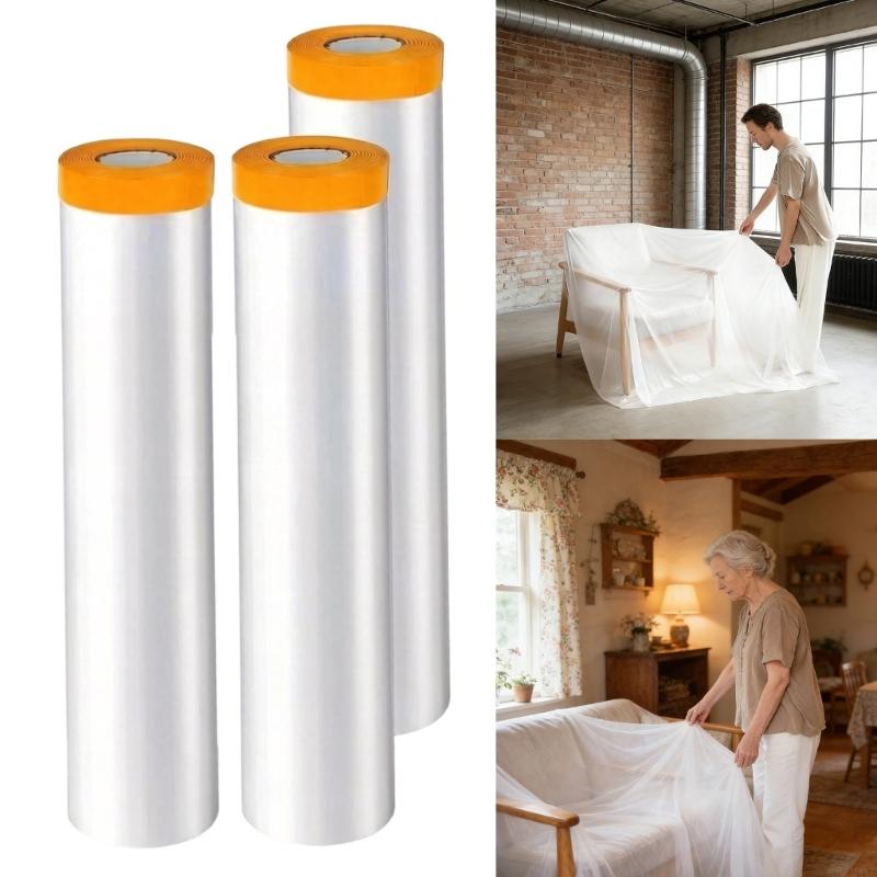 Des rouleaux de film de protection de meubles anti-poussière transparent en plastique avec des capuchons orange, fabriqués dans un matériau de protection, afin de prévenir la poussière et les dommages.