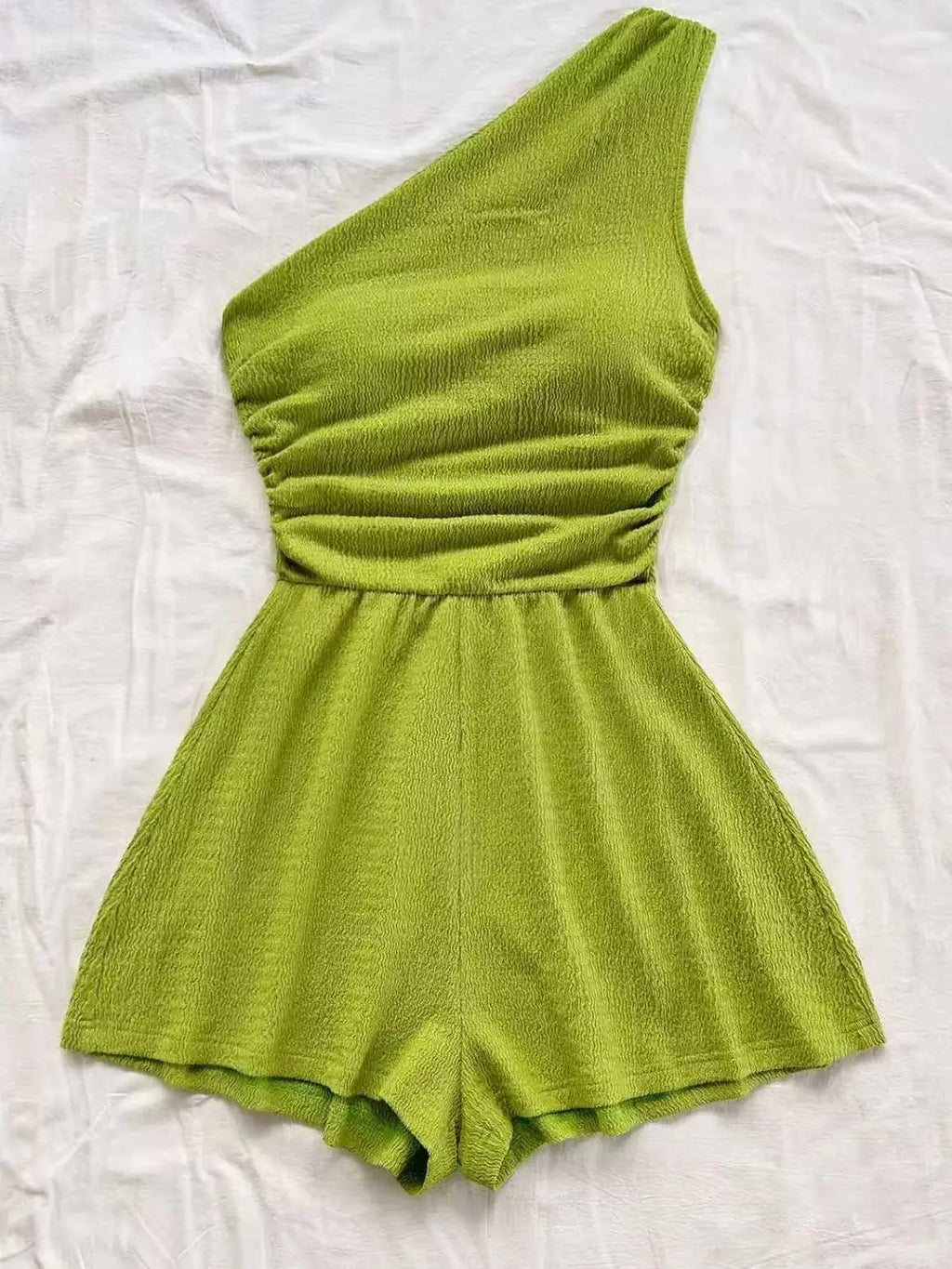 Women One Shoulder Ruched Romper Textured Sleeveless Jumpsuit Wide Leg Shorts Playsuit Casual Summer Beach Vacation Outfits