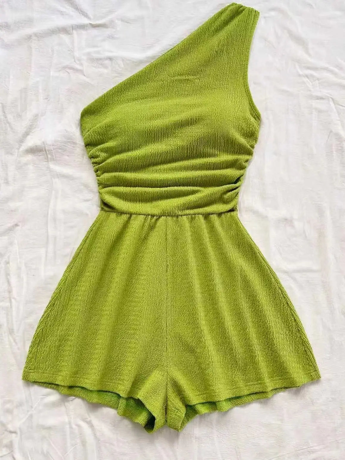 Women One Shoulder Ruched Romper Textured Sleeveless Jumpsuit Wide Leg Shorts Playsuit Casual Summer Beach Vacation Outfits