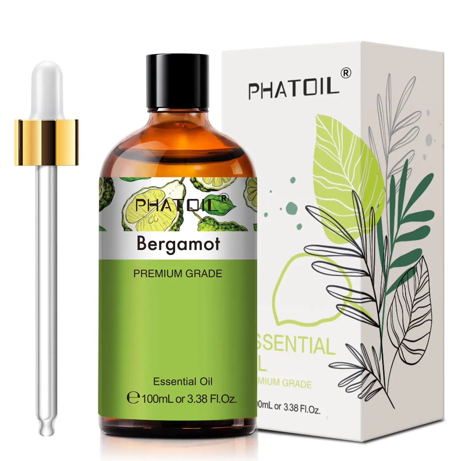 Bernstein-Glasflasche mit schwarzem Deckel und grünem Etikett mit Bergamotte reines ätherisches Öl 100 ml zur Aromatherapie-Duftanwendung; begleitet von einer goldgespitzten Pipette und Markenverpackung.