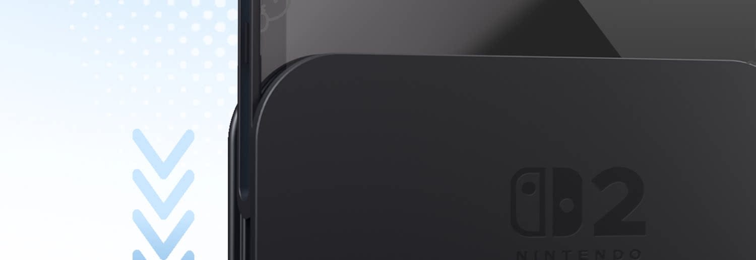 Consola Nintendo Switch 2 negra con acabado mate y logotipo en relieve, mostrado desde la parte posterior, en una imagen del producto del protector de pantalla de vidrio templado para Miffy Switch.
