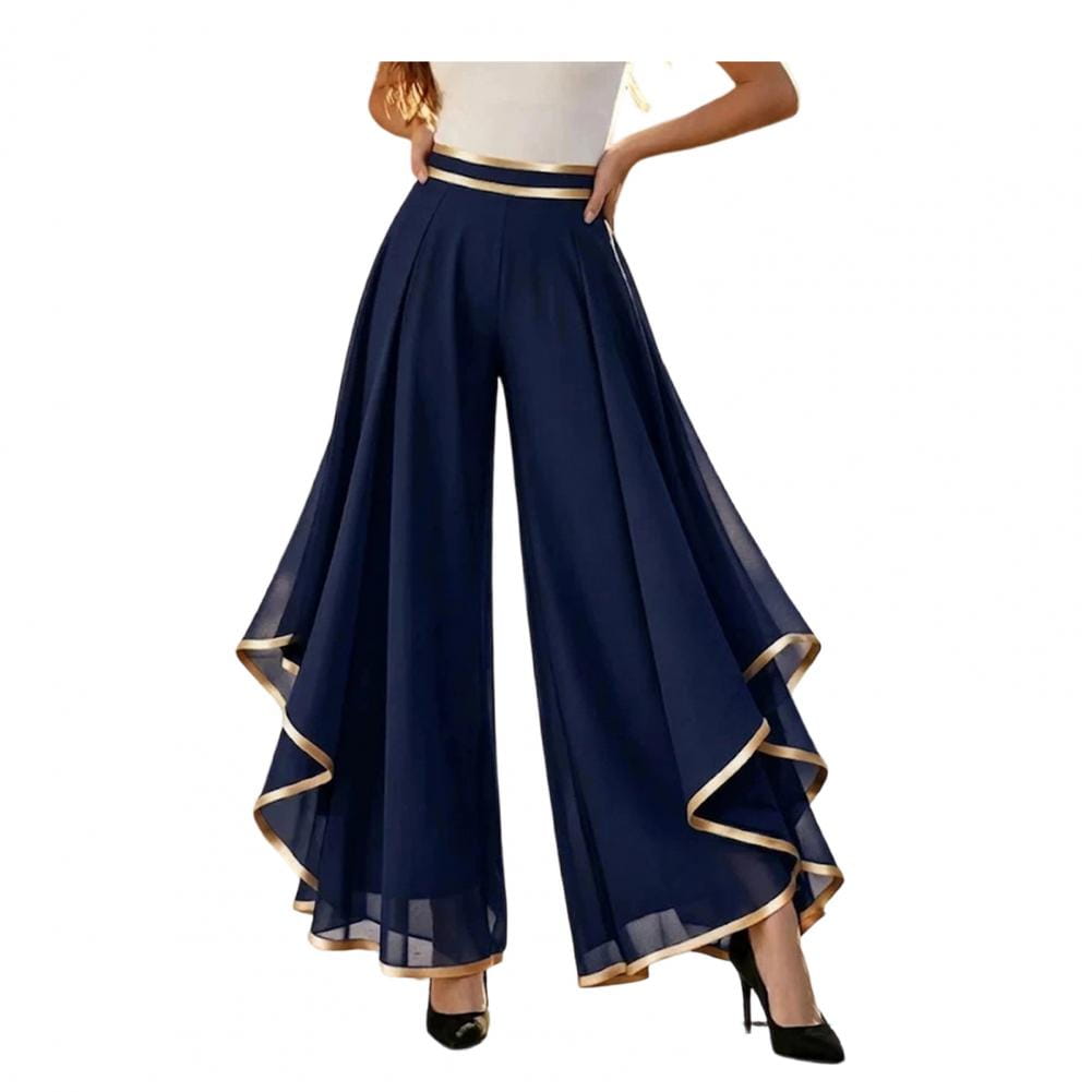 Navy blue chiffon high waist wide leg pants with gold trim along the waistband and hem designed as summer trousers.