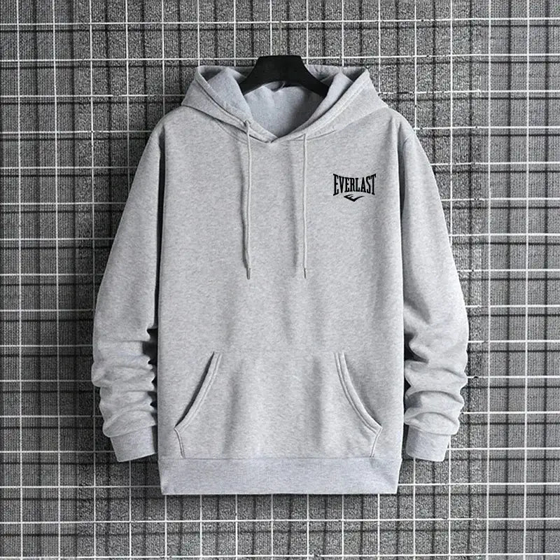 Men Everlast logo hoodie fleece casual pullover in gray featuring a black logo on the chest and front pockets.