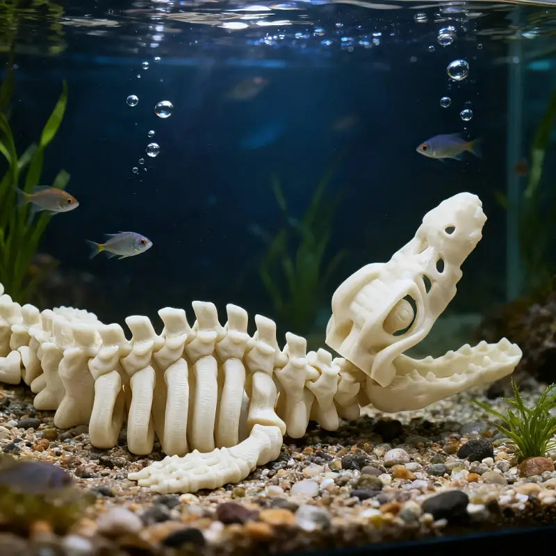 Un adorno para acuario de esqueleto de dinosaurio de resina color crema, con acabado intrincadamente detallado y apoyado sobre grava para simular paisajes acuáticos.