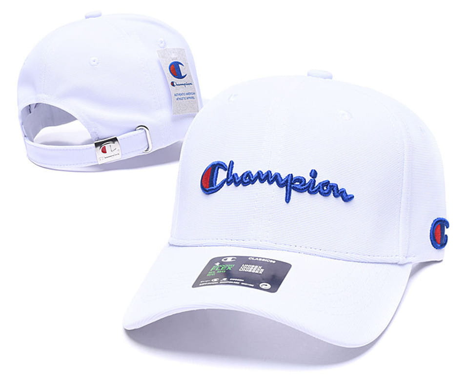 White champion baseball cap with blue embroidered logo and red circular emblem on the side designed as a summer sun hat for unisex use.