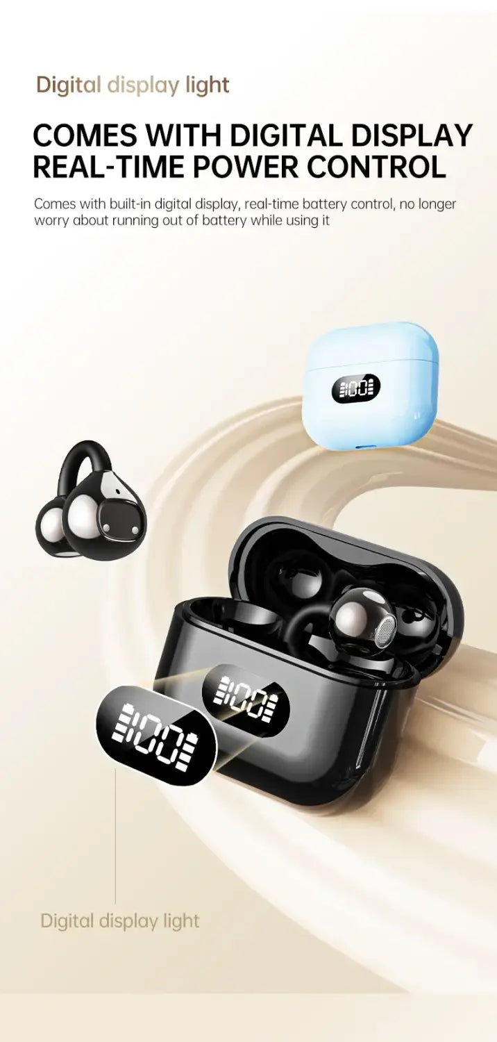 Écouteurs sans fil à pince d’oreille noirs, au design moderne et épuré, et boîtier de charge assorti, dotés d’un écran numérique pour un contrôle de la puissance en temps réel.