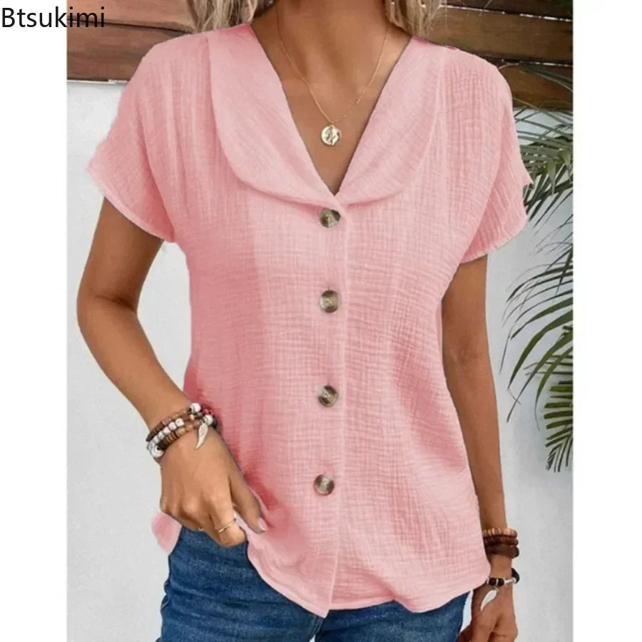 2026 Women's Summer Solid Short Sleeve Blouses Fashion V-neck Loose Casual Button Cardigan Tops Elegant Clothing Women Shirts