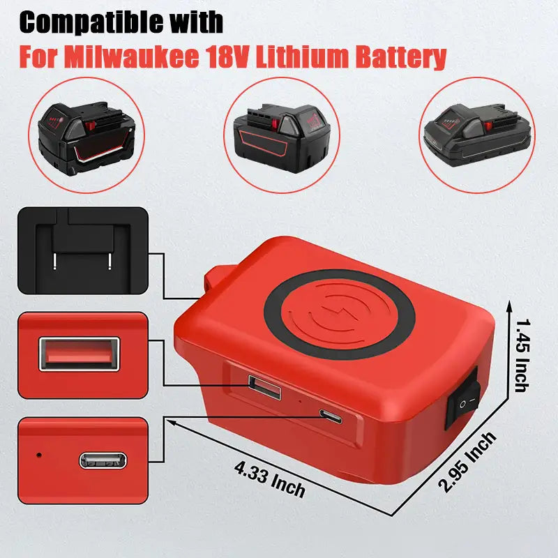 Adaptador rectangular rojo para cargador inalámbrico con almohadilla de carga circular negra y múltiples puertos USB para baterías de litio Milwaukee de 18 V, diseñado para una carga inalámbrica eficiente.